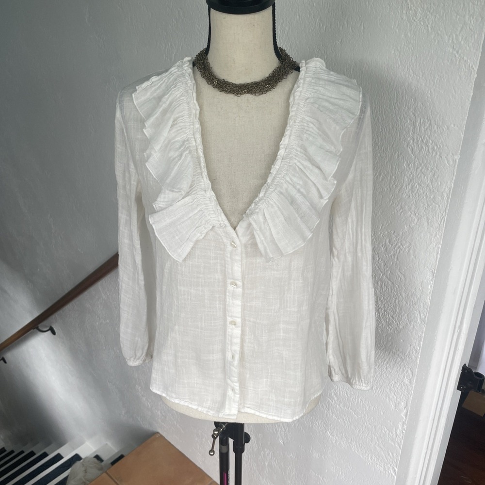 Zara NWOT Womens Ruffled Collar Button-Up Off White Cotton Long Sleeve Size S - Picture 1 of 6